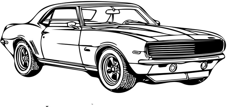 Classic American muscle car in bold black vector illustration, front angle view on transparent background
