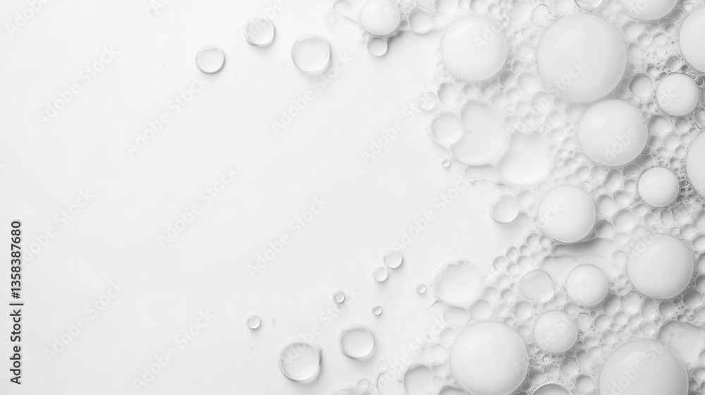 Poster bubbles of various sizes and water droplets gather on a light surface, creating an interesting, text