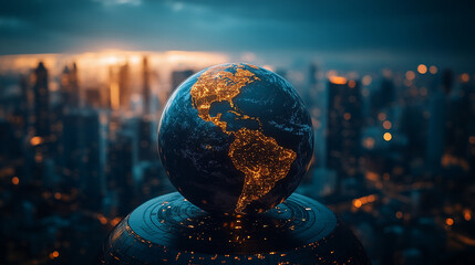 Fototapeta premium Planet Earth set against a modern cityscape, with a blurred background emphasizing the chaos and global connection in a rapidly urbanizing world with a bright tone