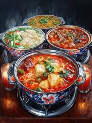 Four Bowls of Colorful Steaming Noodle Soups Featu Unique Ingredients Arranged Artfully on a Polished Table Surface