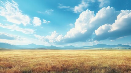 a field of dead grass with mountains in the background