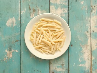 Generous Serving of Cooked Penne Pasta on a Pristine White Plate Ready for Creamy Vodka Sauce atop Rustic Teal Background
