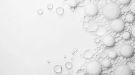 Bubbles of various sizes and water droplets gather on a light surface, creating an interesting, textured display with reflections