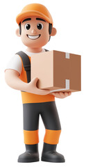 Delivery worker holds package ready for transport in a friendly cartoon style isolated on transparent background.
