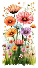 A Stunning Watercolor Painting of a Lush Sun-Drenched Meadow Filled with Colorful Daisies and Natural Beauty in Bloom