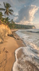 Serene Sun-Kissed Beach with Golden Sands Gentle Waves and Dramatic Cliff Face Framed by Lush Palm Trees in Paradise