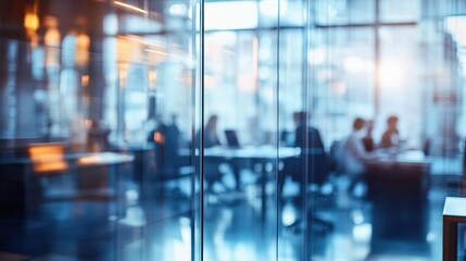 Blurred Office Scene with People Working Behind Glass Panels
