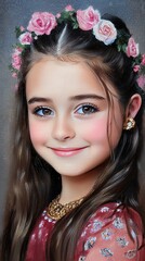 A radiant portrait of a smiling young girl with rosy cheeks wea a pink rose crown and golden accents in a glowing studio