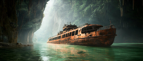 An abandoned rusty ship rests within a lush green cove. It hints at a mysterious hidden place perfect for adventure stories or fantasy settings.