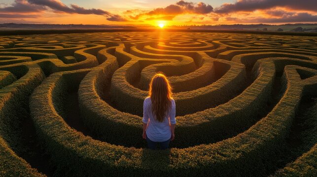 Sunset Maze: A Woman Contemplates Life's Journey