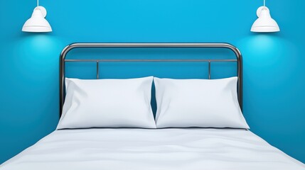Serene Bedroom Atmosphere with Metal Bed and Crisp White Linens against a Vibrant Blue Wall Illuminated by Soft Lamps