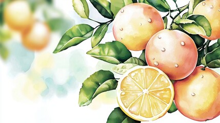 Sunlit Orchard with Vibrant Oranges and Halved Citrus Fruits Glistening with Fresh Ascorbic Acid Droplets in Nature's Beauty