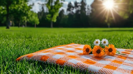 Vibrant Orange and White Checkered Picnic Blanket on Lush Green Lawn Under Swaying Trees with Cheerful Food and Drinks Setup