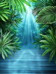 Sunlit Tropical Retreat with Emerald Canopy Over Tranquil Blue Deck Surrounded by Lush Vibrant Paradise Atmosphere