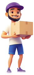 Delivery man smiling while holding a cardboard box isolated on transparent background.