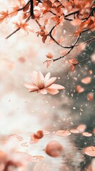 Tranquil Lake Beneath Twilight Sky Reflecting Peach Blossoms with Single Flower Floating Serene in Nature's Beauty Scene