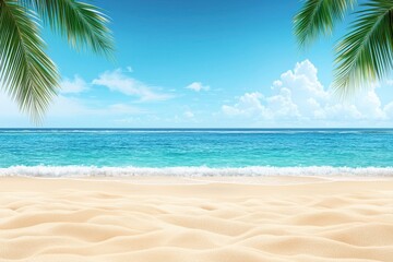 Tranquil Beach Sunset with Vibrant Colors and Gentle Waves Under Swaying Palm Fronds Along Soft White Sands and Turquoise Ocean