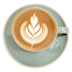 Overhead View of a Cappuccino with Latte Art in a Light Blue Cup and Saucer on a White Background


