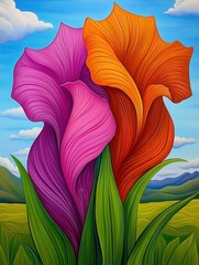 Vibrant Stylized Painting of Dew-Kissed Calla Lilies in Rich Pink and Orange Colors Unveiling Nature's Hidden Beauty