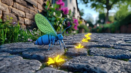 A Stylized Bee-Inspired Insect Vibrantly Explo a Quaint Cobblestone Street in a Whical Village Environment