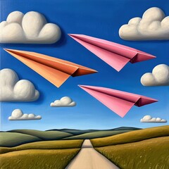 Three Vibrant Paper Airplanes Soa Across a Sunlit Sky Above a Rolling Landscape Invoking Creation and Launching Craft