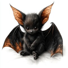 Adorable anime-style bat sticker design featu a fluffy black bat with large eyes and orange wings on a white background