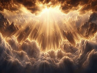 Enchanted Celestial Landscape Shrouded in Mystical Fog and Bathed in Radiant Golden Light from a Heavenly Source Above