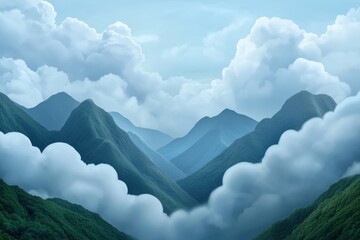 Mystical fog blankets verdant mountain peaks creating a serene and ethereal landscape of rugged beauty and tranquility