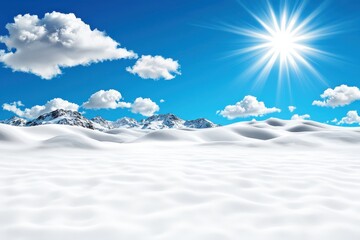 Serene Snow-Covered Landscape with Rolling Hills and Majestic Snow-Capped Mountains Under a Clear Blue Sky and Soft Light