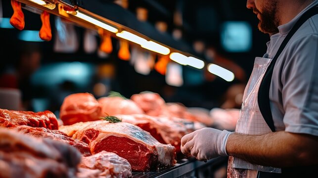 Butcher carefully inspects cuts of fresh meat, with a vibrant market display