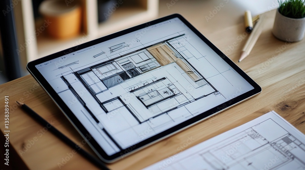 Poster digital workspace of architect with tablet displaying designs