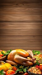 Warm flicke candlelight over a rustic wooden table with a golden roasted turkey and bowls of fresh autumn vegetables