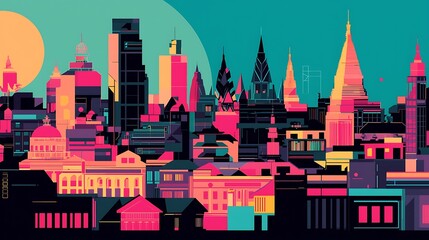 Vibrant cityscape skyline, stylized illustration.  A futuristic, colorful panorama of buildings
