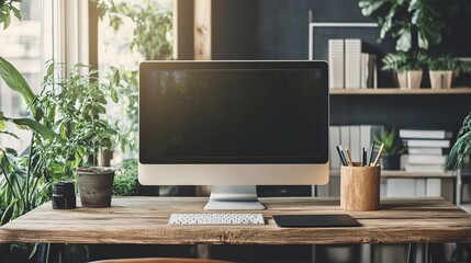 Fototapeta premium Modern Comfortable Workspace with Computer on Wooden Desk