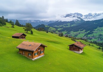 Obraz premium A panoramic view of the Swiss countryside, with rolling green hills and quaint wooden houses nestled among lush trees under overcast skies