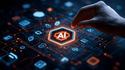 Artificial Intelligence Concept Depicted by a Person's Hand Interacting with a Digital Hexagonal Interface Highlighting "AI" Amidst Circuit Patterns, Representing Technological Progress and Data Integ