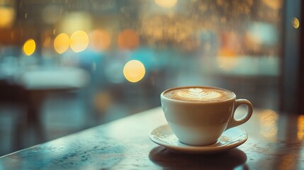 Cozy Atmosphere in Cafe with Coffee on Wooden Table by Window