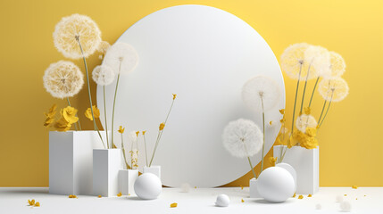 The Podium Display with Dandelion Accents and Soft Nature-Inspired Aesthetic.
Perfect for eco-friendly branding, skincare product displays, and calming nature themes.
