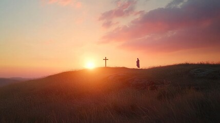 Fototapeta premium Good Friday Cross on Hill at Sunset – Christian Religious Symbolism, Faith, and Easter Celebration