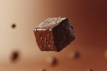 Floating chocolate cube in a dreamy brown background and textures