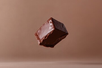 Floating Dark Chocolate Cube Against Soft Brown Background