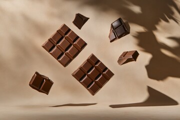 Floating Chocolate Squares on Soft Background with Shadows