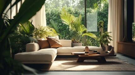 Fototapeta premium Modern Beige Living Room with Lush Greenery and Sunlight