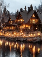 Fototapeta premium Modern Log Home with Warm Lighting Reflected in Calm Waterway Surrounded by Nature and Ambient Lanterns in Evening Glow