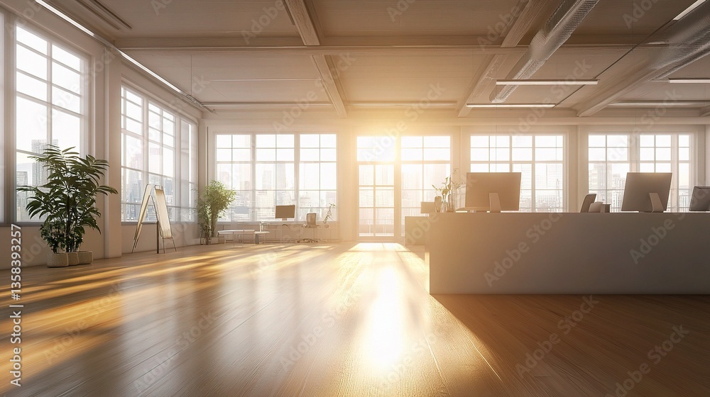 Poster bright open office space with abstract blurred background effect