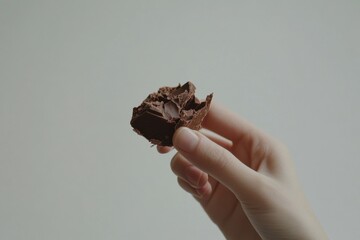 Hand Holding Chunk of Rich Dark Chocolate with Smooth Texture