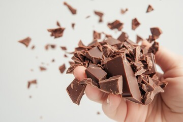 Hand Holding Broken Chocolate Pieces with Splattering Fragments