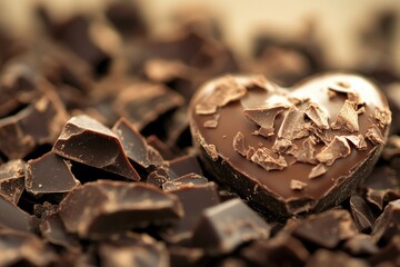 Heart Shaped Chocolate Among Dark Chocolate Chunks and Shavings