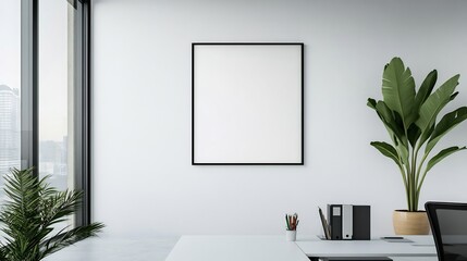 Modern office room with a framed picture on a white wall offering space for creative or business content
