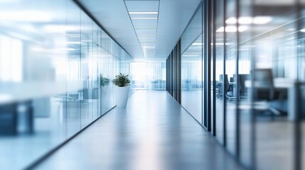 Bright and Modern Office Corridor with Glass Walls and Lighting